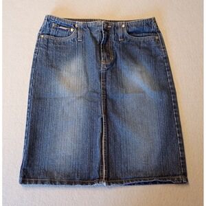 VTG SQUEEZE 3/4 Denim Knee Length Pencil Jean Skirt Front Slit 90s Y2K Skirt